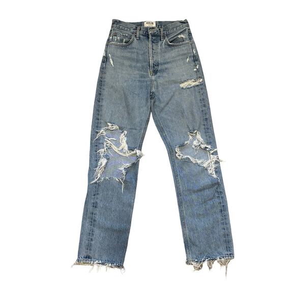AGOLDE 90’s High Rise Distressed Straight Leg Jeans Light Wash Rigid Denim Sz 23 - Picture 2 of 10